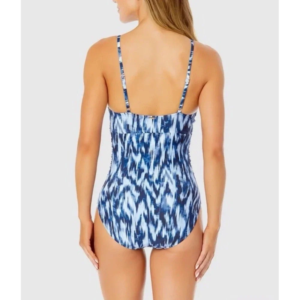 Anne Cole Women Blue White Abstract Twist Front One Piece Swimsuit NWT Sz 6 $108